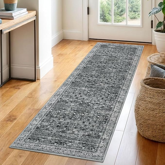 2x6 Runner Washable Rug for Hallways, Moss Charcoal Soft Neutral Vintage Kitchen Rugs with Non-Slip, Non-Shedding Distressed Floral Rug for Entryway Porch Kitchen Bedroom Laundry