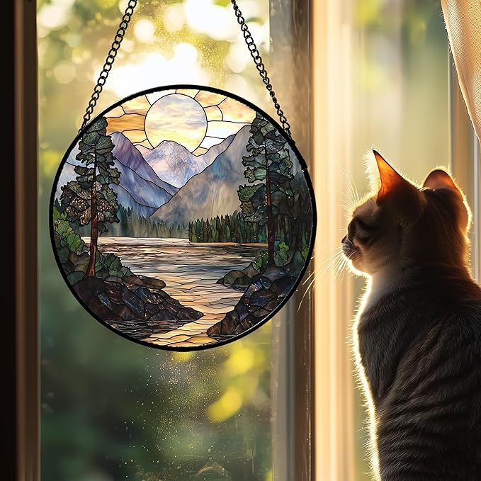 Stained Glass Window Hanging, Sunset Mountains Lake Tree Sun Catcher for Window Home Decor Landscape Suncatcher Mother's Day Birthday Gifts for Women Men Mom and Nana 11.8 in