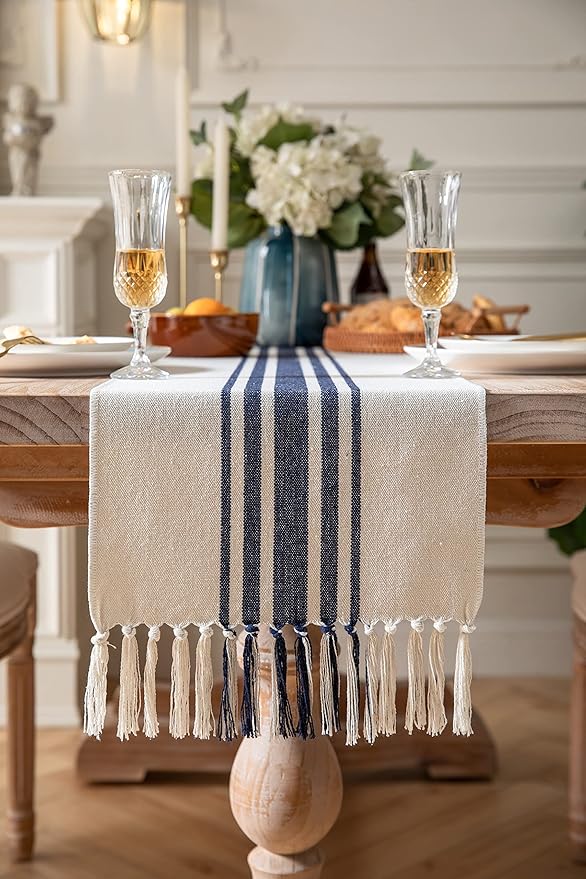 Boho Table Runner for Modern Farmhouse Decor, Dining Table décor 13 x 108 Inch Long, Coffee Table Runner with Handcrafted Tassels, Navy and Beige, for Home Bohemian Decoration