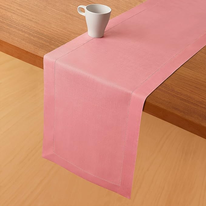 D'Moksha Homes Linen Dusty Pink Table Runner 84 Inches Long - 100% Pure Linen Table Runner 14 x 84 Inch for Valentines, Spring, Easter - Classic Hemstitch