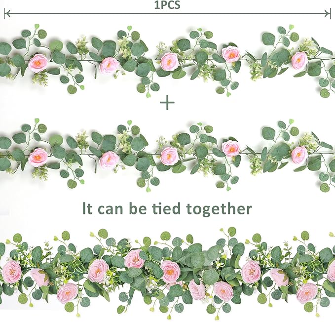 TOCHGREEN 2 Pack 13Ft Artificial Eucalyptus Flower Garland with Pink Camellia, Fake Flower Greenery Garland Floral Vines for Wedding Home Party Room Table Runner Decor (2PCS, Pink)