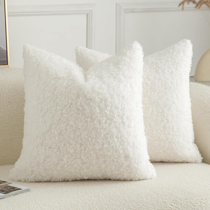 Pack of 2 Curly Teddy Wool Faux Fur Throw Pillow Covers Fuzzy Accent Soft Sherpa Pillowcases Sheepskin Fleece Decorative Cushion Case for Sofa Couch Living Room 16x16 Inch Neutral White