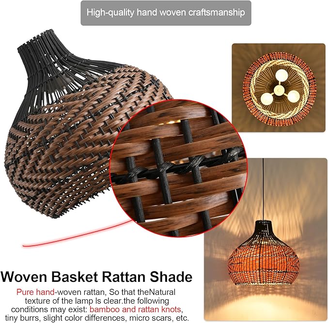 3-Light Rattan Pendant Light,15" Hand-Woven Black Brown Faux Rattan Hanging Light Boho 1-Pack Wicker Basket Chandelier,for Living Room Bedroom Kitchen Dining Farmhouse