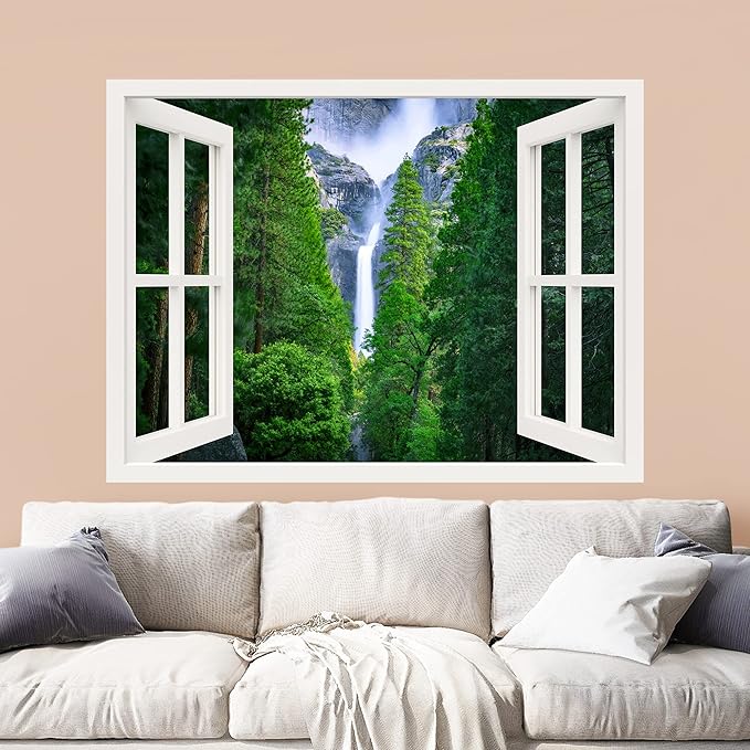 wall26 Removable Wall Sticker/Wall Mural Window View Green Lush Waterfall Forest Mountain Wilderness Nature Photography Realism Rustic Landscape Colorful for Living Room, Bedroom, Office - 24"x32"