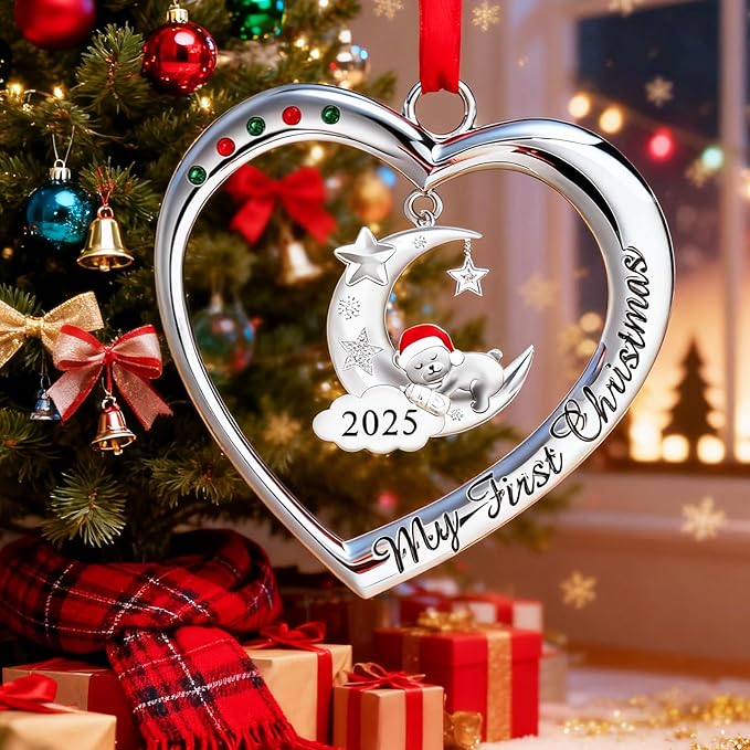 Baby's First Christmas Ornament 2025 My 1st Christmas Decorations 2025 Newborn Keepsake Gifts for Girl Boy Silver Heart with Hanging Bear Moon Star