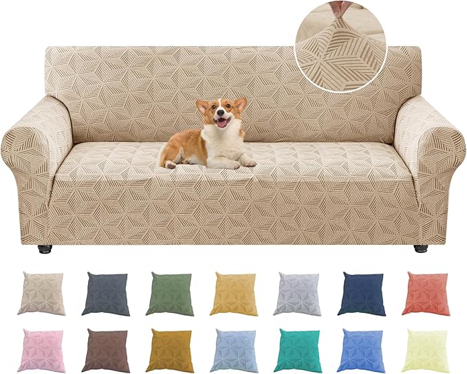YEMYHOM 1 Piece Stretch Couch Covers for 3 Cushion Couch, Jacquard Sofa Cover with Non-Slip Elastic Bottom, Thickened Slipcover Furniture Protector for Dogs Pets (Large, Khaki）