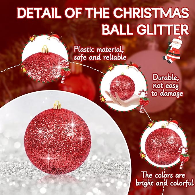 6Pack Red 4inch Large Christmas Balls Christmas Tree Decoration Ornaments Shatterproof Glitter Christmas Hanging Balls for Christmas Tree Party Indoor Outdoor Decoration(Red, 4inch-6pcs)