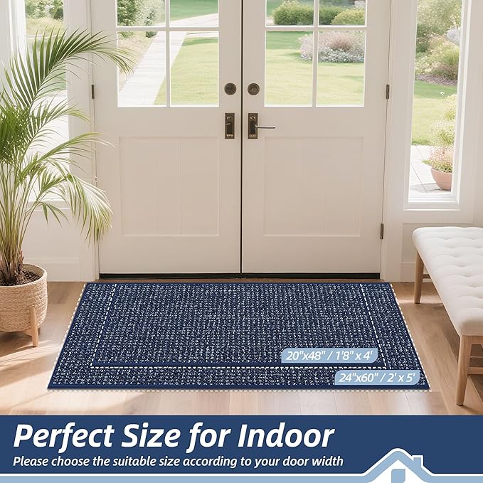 BEQHAUSE Dirt Trapper Door Mat 20" x 48", Non-Slip Washable Doormats Entrance Mat, Dirt Resistant and Absorbent Welcome Mat, Low Profile Floor Mats for Front Back Door and Entryway, Blue