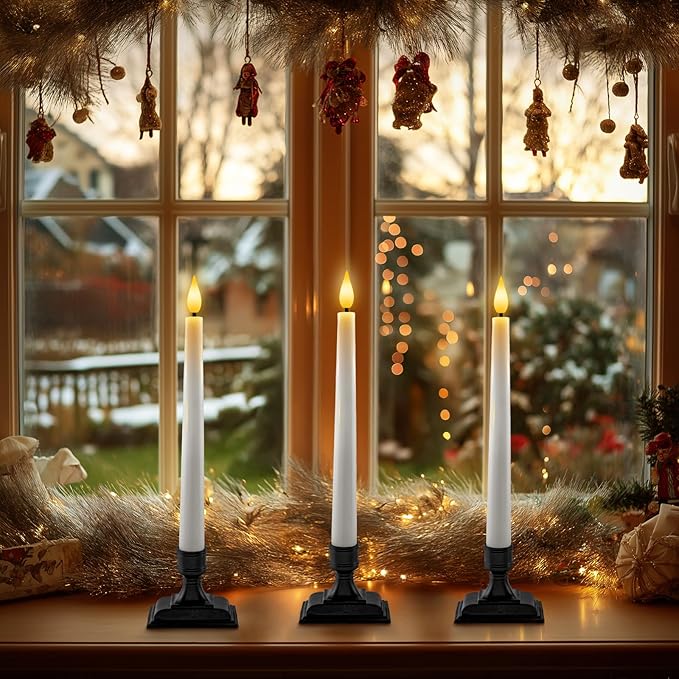 Homemory Wax Window Candles with Remote Timer Dimmer, Battery Operated Candlesticks with Holders, Christmas LED Candlesticks for Window Home Part Decor, 6 Pcs White