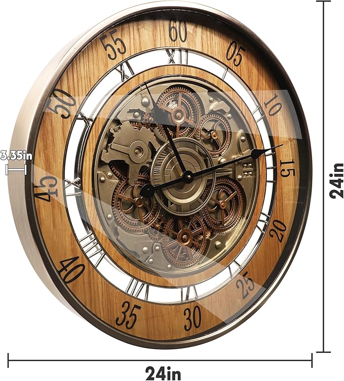 HOIBAI Wall Clock, 24 Inch Moving Gears Clock Large Wall Clock for Living Room Decor Rustic Vintage Industrial Steampunk Farmhouse Big Clock for Home Kitchen Bedroom Office