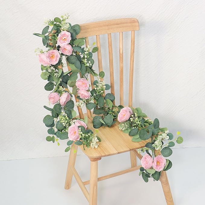TOCHGREEN 2 Pack 13Ft Artificial Eucalyptus Flower Garland with Pink Camellia, Fake Flower Greenery Garland Floral Vines for Wedding Home Party Room Table Runner Decor (2PCS, Pink)