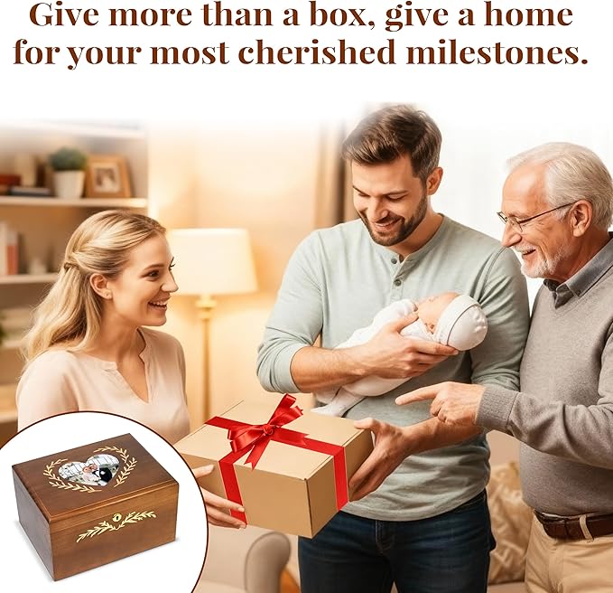 Wedding Keepsake Box With Lock, Large Memory Box for Keepsakes | Decorative Large Wooden Storage Box, with Heart frame Photo Keepsake Box, Baby Memory box | Wooden Gift Boxes-11×8.5×5in