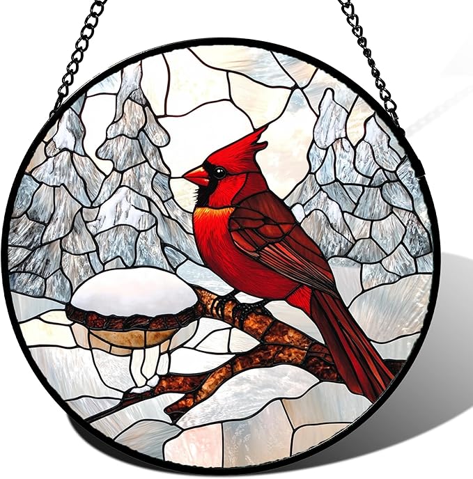 Stained Glass Window Hanging Cardinal Bird Winter Snow Scene 7.8" - Suncatcher Door Garden Sunroom Sun Catcher Home Decor Birthday Christmas for Mom Men Woman Nana