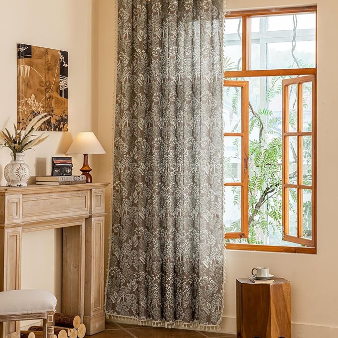 OYX Floral Curtains 96 Inch Length 2Panels for Living Room, Bedroom Light Filtering Drapes, Farmhouse Vintage Country French Tassels for Boho Pattern Rod Pocket Aesthetic Home Decor Window Treatments
