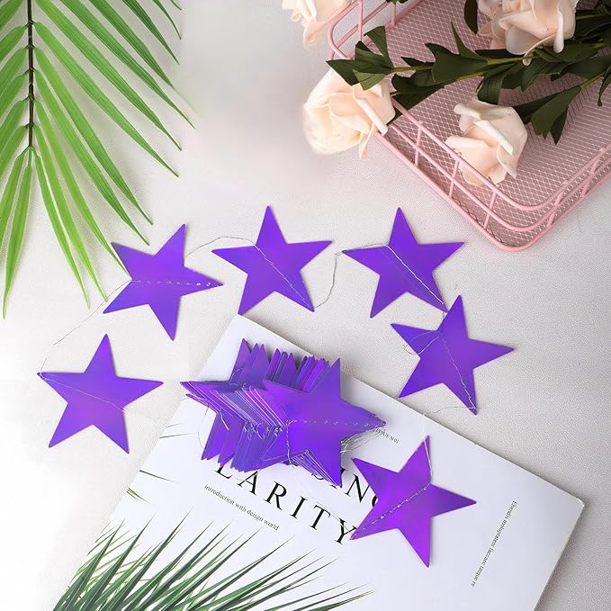 Patelai Glitter Star Garland Banner 2026 New Years Decor 130 Feet Star Hanging Banner Twinkle Backdrop for Birthday Classroom Wedding Christmas Party Supplies(Holographic Purple)
