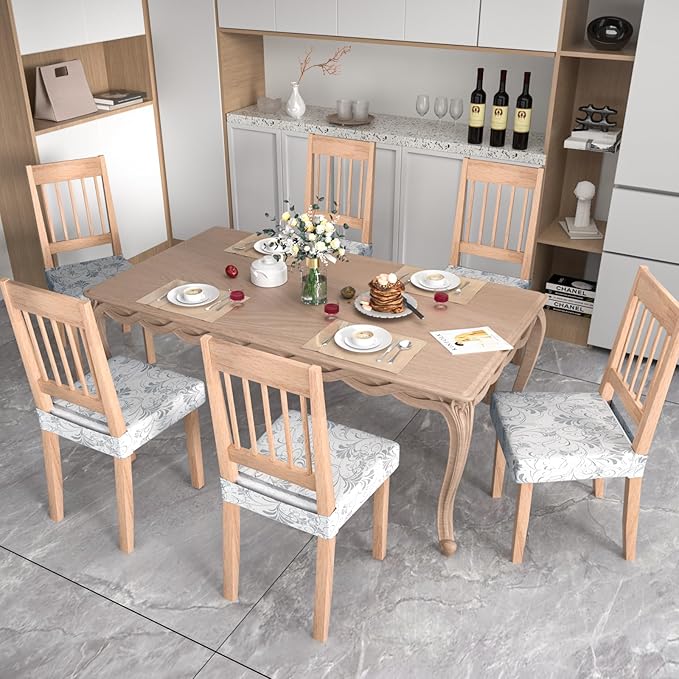 Stretch Dining Chair Seat Covers Set of 6,Dining Chair Slipcovers, Floral Printed Chair Covers,Soft Fabric Washable Upholstered Chair Seat Protector, No Rear Covers for Home Kitchen Dining Room