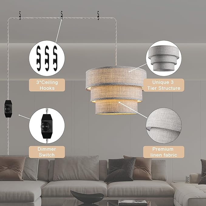 Plug in Pendant Light, Hanging Lamp with Dimmable Switch, Hanging Light Fixtures with 15 Ft Cord, Swag Light with Grey Fabric Shade for Bedroom, Kitchen, Living Room, Dining Table