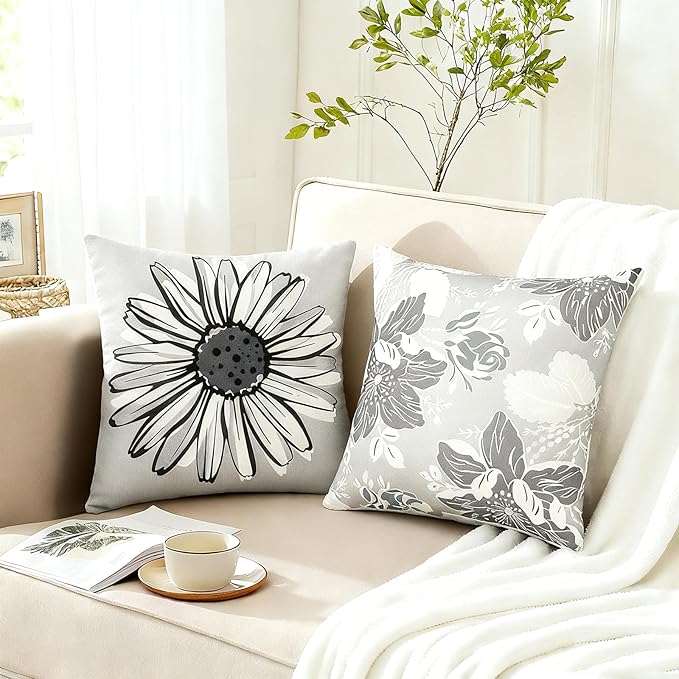Decorative Throw Pillow Covers Set of 4 Grey Pillow Covers 22x22 inch Square Linen Throw Pillow Cases Modern Farmhouse Outdoor Couch Pillow Cover for Sofa Bedroom Living Room(Gray)
