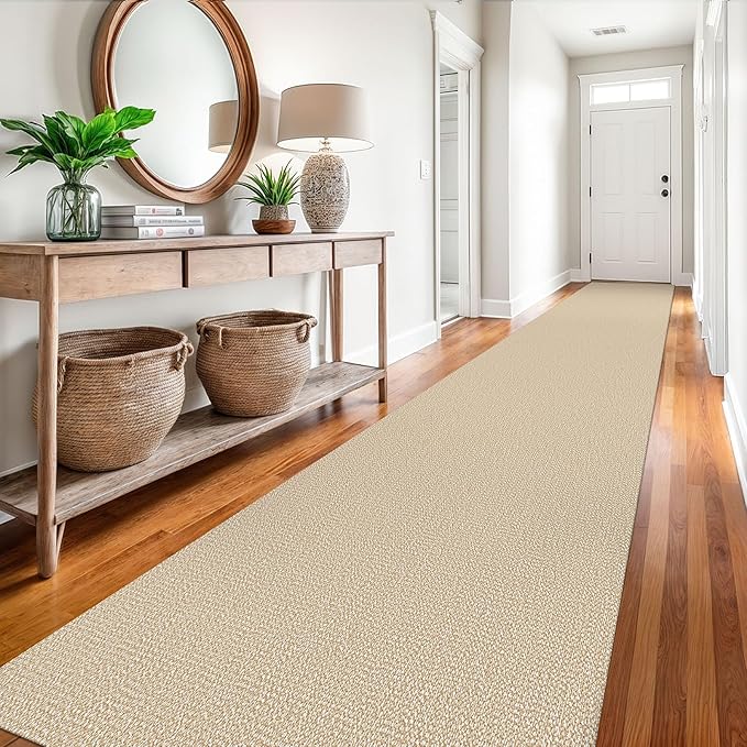 EARTHALL Extra Long Runner Rug 3x18 Ft Washable Runners for Hallways Cotton Non Slip Entryway Runner Braided Kitchen Runner Indoor Outdoor Carpet Runners for Hotels, Officel, Stair, Golden Beige/White