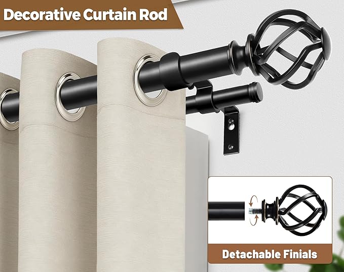 KAMANINA Black Double Curtain Rod 140 to 195 Inches (12-16 Feet), 1 Inch Curtain Rods for Windows 60 to 191, Heavy Duty Telescoping Drapery Rods with Twisted Cage Finials