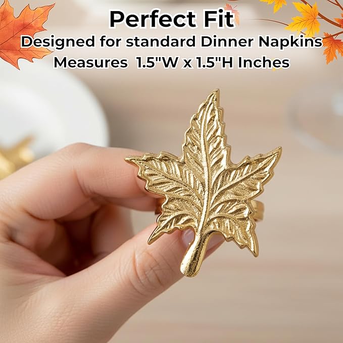 ALPHA Living HOME Leaf Decor Napkin Rings - 12 Pcs Modern Napkin Ring Dining Metal Table Décor for Wedding, Holiday, Thanksgiving, Christmas, Formal Dining & Special Occasions (Gold)