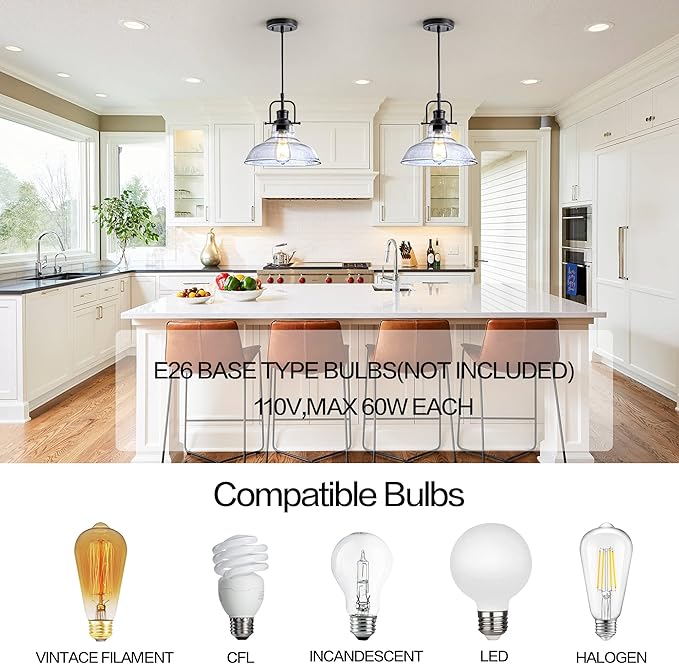 Glass Pendant Light，Black Pendant Light Fixtures with Seeded Glass Shade, Adjustable Height Hanging Lights for Hallway, Kitchen Island, Dinning Room（Bulb not Included）