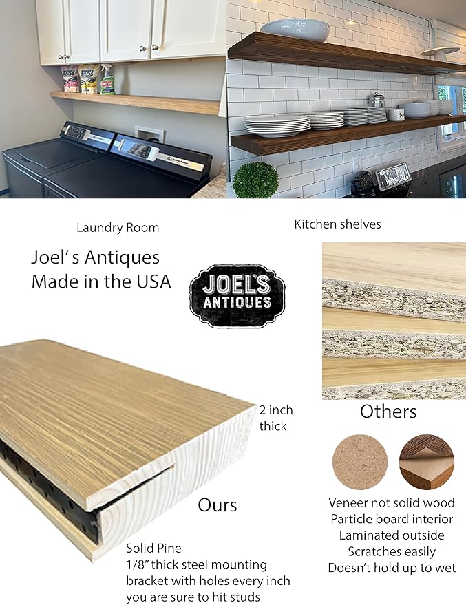 joelsantiques - 60 Inch Wooden Floating Shelves for Wall - 60x10x2 in - Made of Natural Wood - Long Heavy Duty Rustic Wall Shelves for Bedroom - Perfect for Living Room, Kitchen - Black