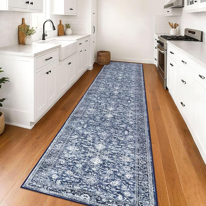 KILOCOCO Runner for Hallway 3x16 Runner Rug Printed Vintage Floral Washable Rug Kitchen Runners Soft Non-Slip Low Pile Hallway Runners Laundry Room Distressed Boho Rugs, Blue