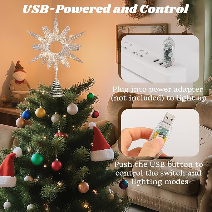 Lewondr Christmas Tree Topper, 14.17'' Metal Xmas Star Tree Topper with 30 LED Bulbs, USB Remote Control Glittered Sunflower Treetop, 6H Timer, 8 Light Modes Christmas Decorations for Home, Silver