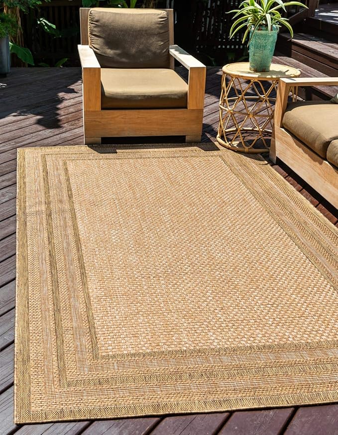 Unique Loom Outdoor Border Collection Area Rug - Multi Border (2' 2" x 3' Rectangle, Tan/ Light Brown)