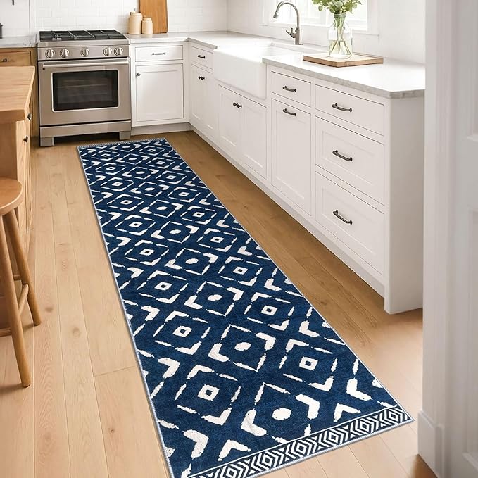 KILOCOCO Hallway Runner Rug 2'x8' Runners for Hallways Soft Washable Runner Rugs Non Slip Printed Low-Pile Runners for Bedroom Kitchen Living Room Laundry Room Boho Rugs, Blue