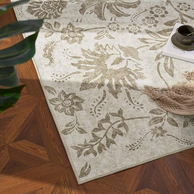 jinchan Torino Floral 8x10 Area Rugs, Vintage-Inspired Neutral Design Accent Living Room Rug, Machine Washable Ultra-Thin Low-Pile Non-Slip Traditional Carpet for Bedroom Home Office, Taupe