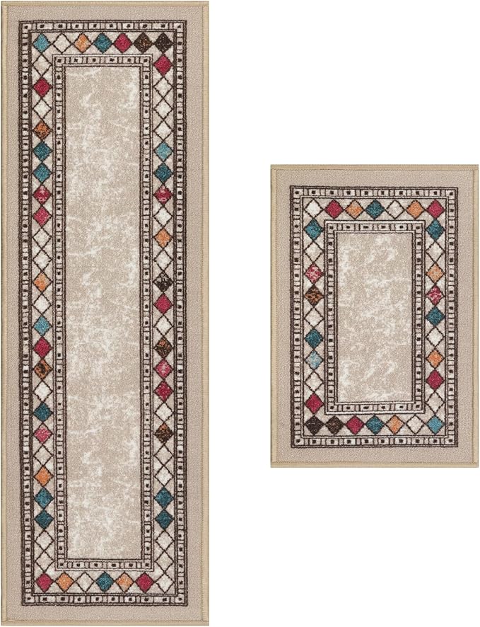 Antep Rugs Alfombras Modern Bordered 2pc Non-Skid (Non-Slip) Low Profile Pile Rubber Backing Indoor Kitchen Runner Rugs (Beige, 2pc Set)