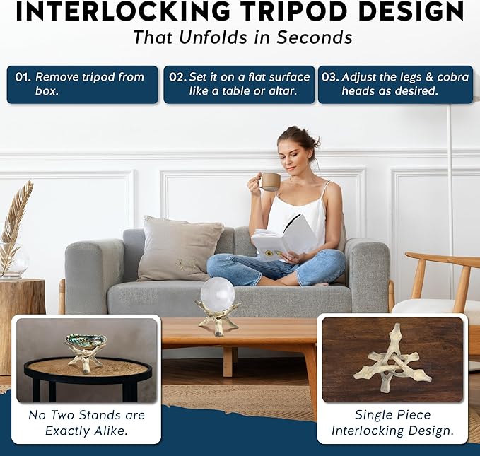Alternative Imagination Wooden Tripod Display Stand - 6-Inch Hand Carved Holder Made from Mango Wood -Folding Natural Stand for Abalone Shell, Crystal Ball, Key Bowl,Trinket Dish, Incense,Decor & More