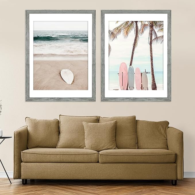 18x24 Frame Set of 2, Rustic Grey Wood Style - Display 18 x 24 Poster without Mat or 16x20 Picture with Mat, Wall Mounting Horizontal and Vertical