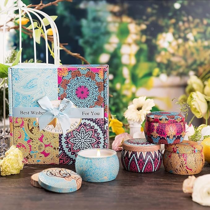 Christmas Candle Gift Set, 4 Pack Scented Candles for Home, Long Lasting Soy Aromatherapy Candle Set, Strong Scented Tin Candles, Perfect Gifts for Women