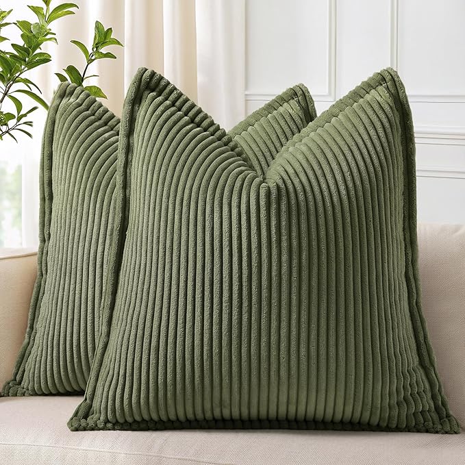 decorUhome Christmas Corduroy Olive Green Throw Pillow Covers 20x20 Set of 2 Decorative Soft Boho Farmhouse Euro Couch Pillow Covers for Living Room Bed Sofa Broadside Striped Pillow Cases