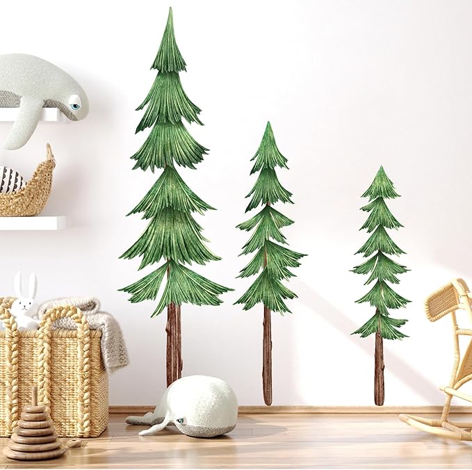 Large Pine Tree Wall Decals Peel and Stick Watercolor Extra Large Tree Wall Decal Forest Nature Green Trees Stickers Woodland Giant Pine Trees Decals for Nursery Kids Room Decor