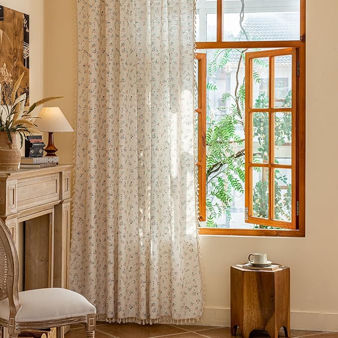 OYX Boho Floral Curtains 84 Inch Length 2 Panels for Living Room, Bedroom Light Filtering Drapes, Farmhouse Vintage Country French Rustic Tassels Pattern Rod Pocket Aesthetic Decor Window Treatments