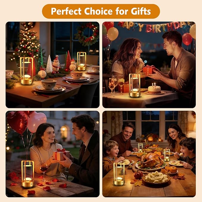 Portable Table Lamp for Outdoor Indoor: Cordless Rechargeable Desk Lamp with 3 Color Stepless Dimmable - Metal Battery Operated Lantern Light for Bedroom/Bar/Coffee Shop/Camping (Gold (2 Pack))