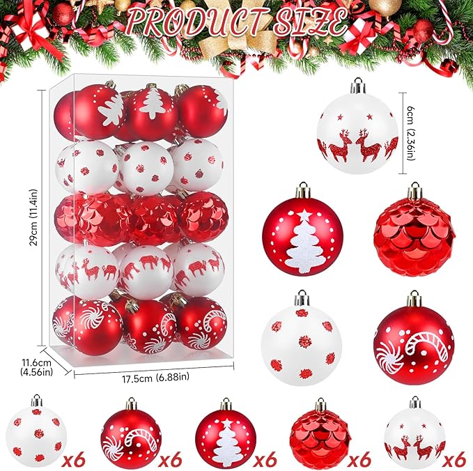 Christmas Ornaments Balls - 30 Pcs 2.4 Inch Shatterproof Plastic Christmas Balls Sets, Red & White Small Christmas Tree Ball Hanging Ornaments for Holiday Wreath Party Christmas Tree Decor (H)