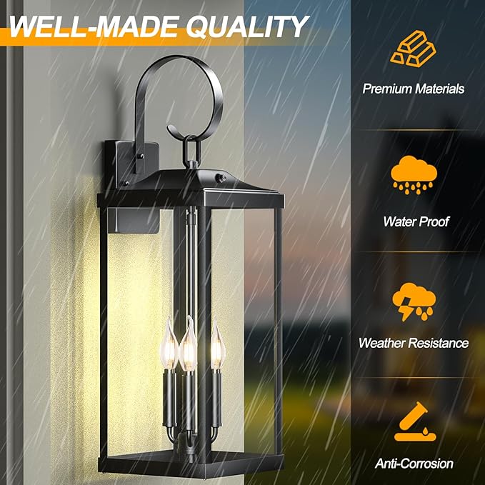 24" Extra Large Dusk to Dawn Outdoor Wall Light, Black 3-Light Waterproof Exterior Wall Mount Porch Lantern, Modern Outside Wall Sconce Coach Light with Clear Glass, E12, 1-Pack