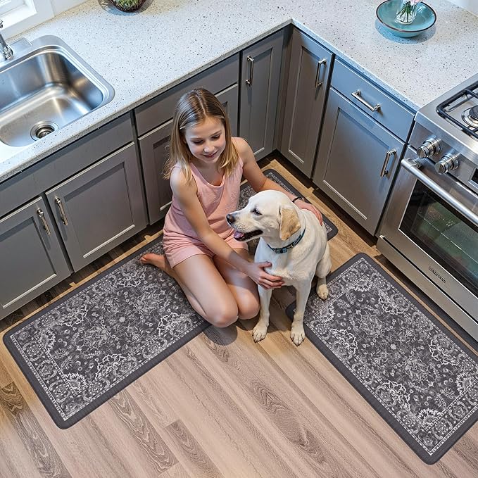 KIMODE Comfort Kitchen Mats for Floor Cushioned Anti Fatigue 2 Piece,Boho Floral Kitchen Rugs Non Slip,Waterproof Memory Foam Kitchen Mat Carpet for Laundry Office Home,Dark Grey 17"x29.5"+17" x47”