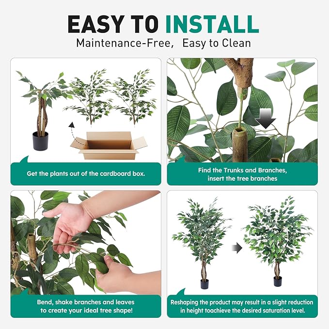 Artificial Ficus Tree 4ft, Artificial Plants Indoor with Realistic Leaves & Trunk, Fake Plants for Home Office Living Room Decor.