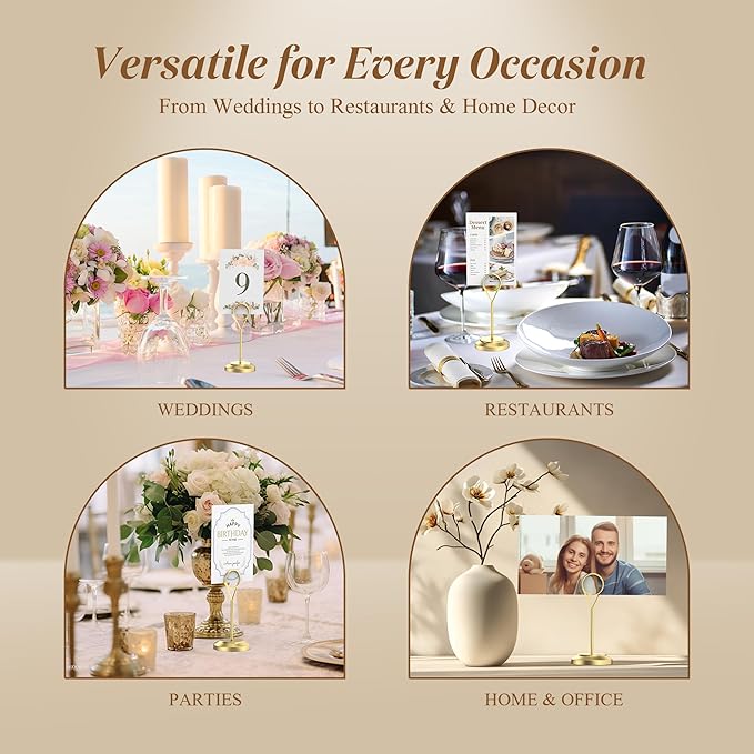 12 Pcs Gold Table Number Holders, 4 Inch Tall Place Card Holders for Table, Sturdy Photo Picture Holders with Anti-Tip Base for Wedding Reception, Party, and Event Centerpiece