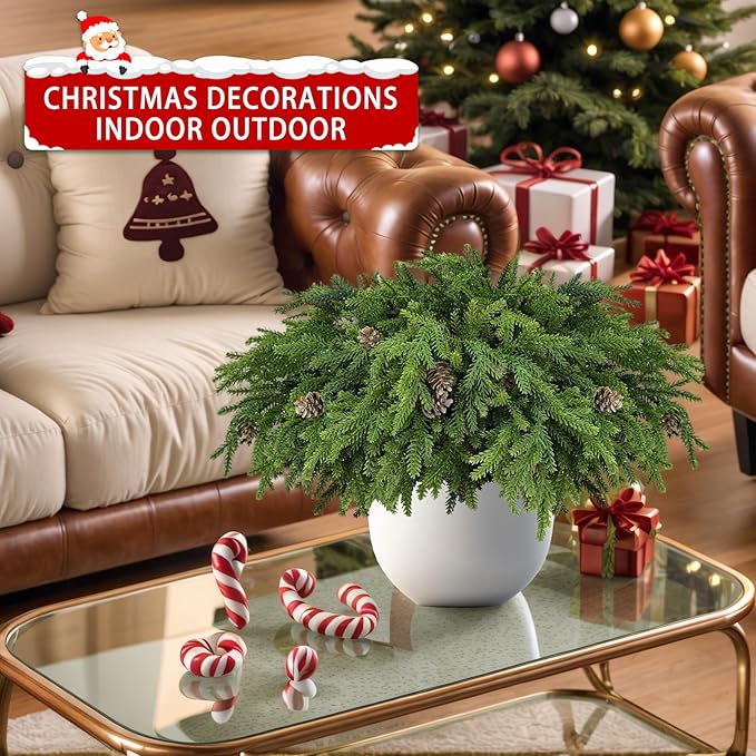 12 Pcs Christmas Greenery Stems with Pinecones Soft Bendable Naturally Droop Realistic Artificial Pine Stems Christmas Pine Branches Picks Faux Cedar Stems for Vase Garland Wreath Table Home Decor(12)