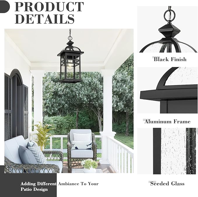 Emliviar 20 Inch Outdoor Pendant Light for Porch, Outdoor Chandelier for Porch, Die-Cast Aluminum with Seeded Glass, Black Finish, DE281H-M BK