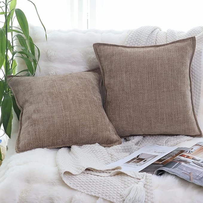 OYIMUA Soft Textured Decorative Throw Pillow Covers 18x18 Neutral Brown Chenille Square Accent Solid Cushion Cover Cozy Farmhouse Pillow Cases for Couch Sofa Bedroom Living Room