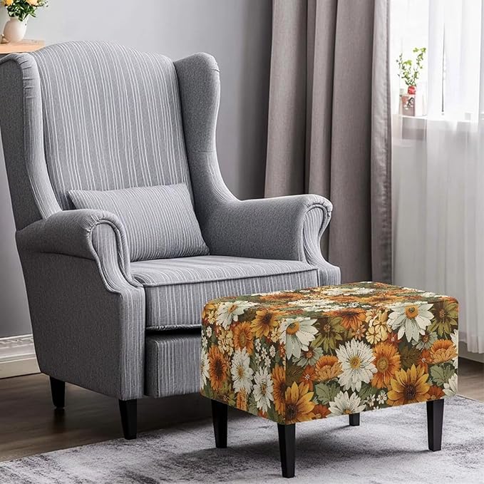 Sunflower Fall Ottoman Cover - Ultra Stretchy Machine Washable Slipcover for Rectangular Footstools, Cozy Thanksgiving Home Decor, 30x24x15 Inch for Friends