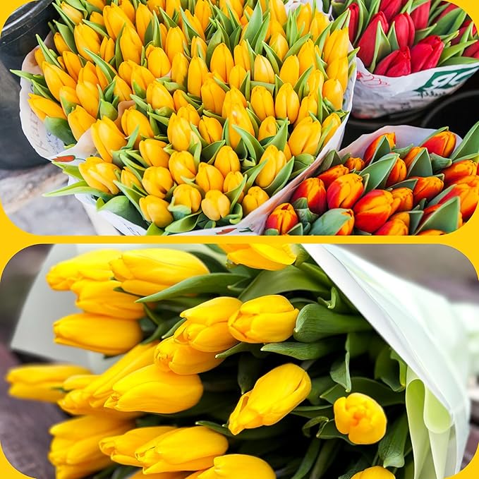 Sggvecsy 30 Pcs Fake Tulips Artificial Flowers Real Touch PU Faux Flowers Tulip Stems for Wedding Spring Bouquet Floral Arrangement Home Party Office Decorations for Mother's Day (Dark Yellow)